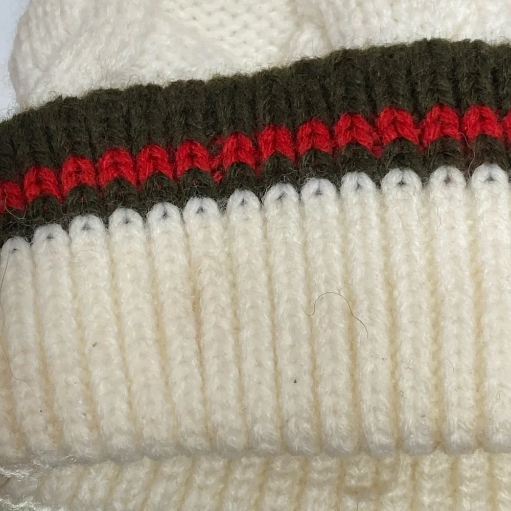 Cream Knit Beanie with Green and Red Stripe